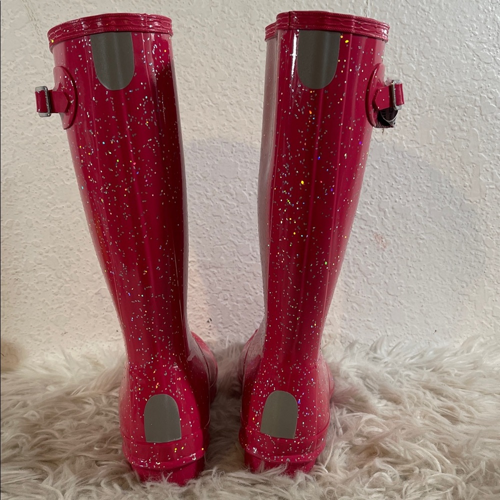 HUNTER Glitter Shiny Rain Boots Waterproof Pink Size 5 NEW - Picture 4 of 12